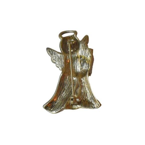 1990s Enamel & Rhinestone Gold Plate Caroling Angel Cristmas Figural Pin Brooch - Picture 2 of 3